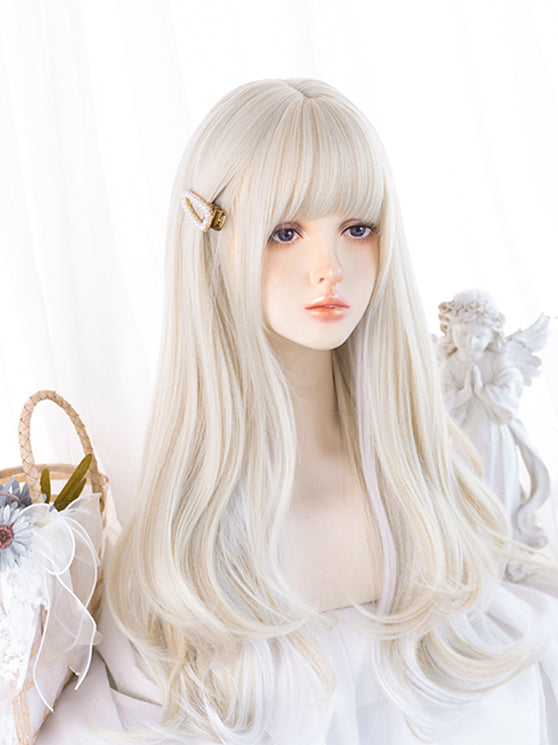 Beige Highlights White Long Wavy Synthetic Wig