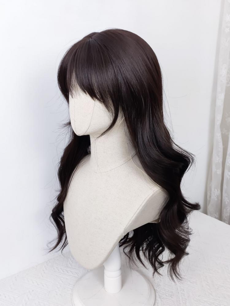 Dark Tea Curtain Bangs Long Wavy Synthetic Wig