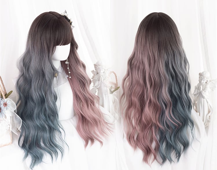 Clearance-Waist Length Wavy Dusty Green and Dusty Pink Ombre Synthetic Wig