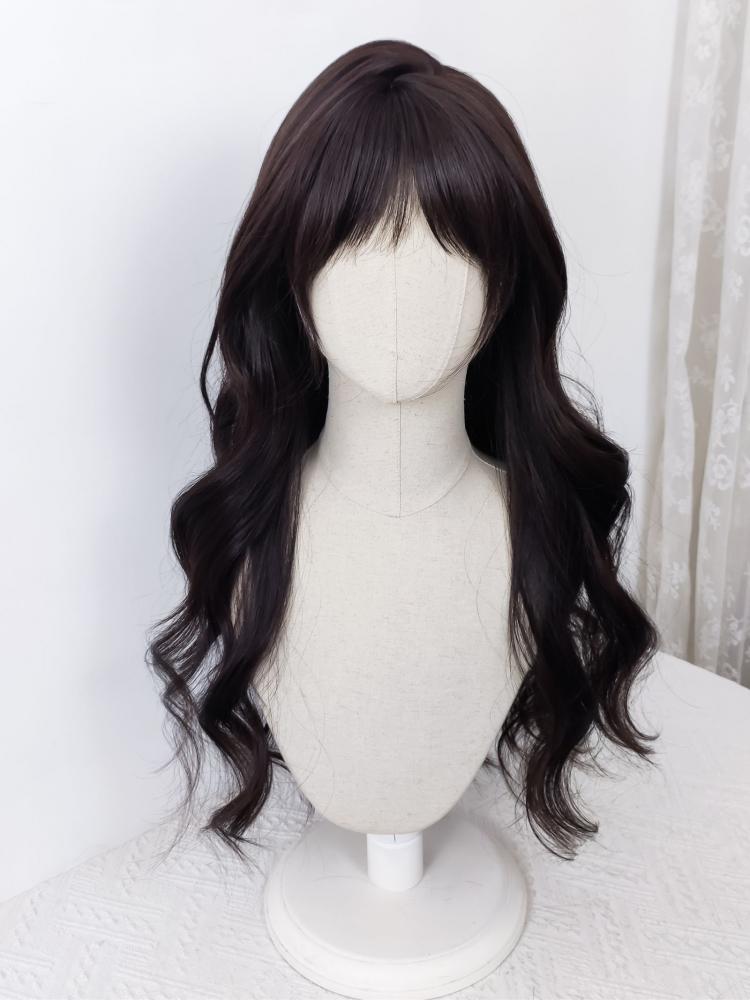 Dark Tea Curtain Bangs Long Wavy Synthetic Wig