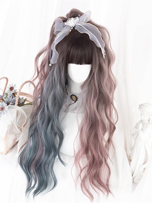 Clearance-Waist Length Wavy Dusty Green and Dusty Pink Ombre Synthetic Wig