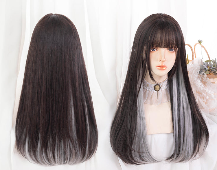 Silver Gray Highlights Long Straight Synthetic Wig