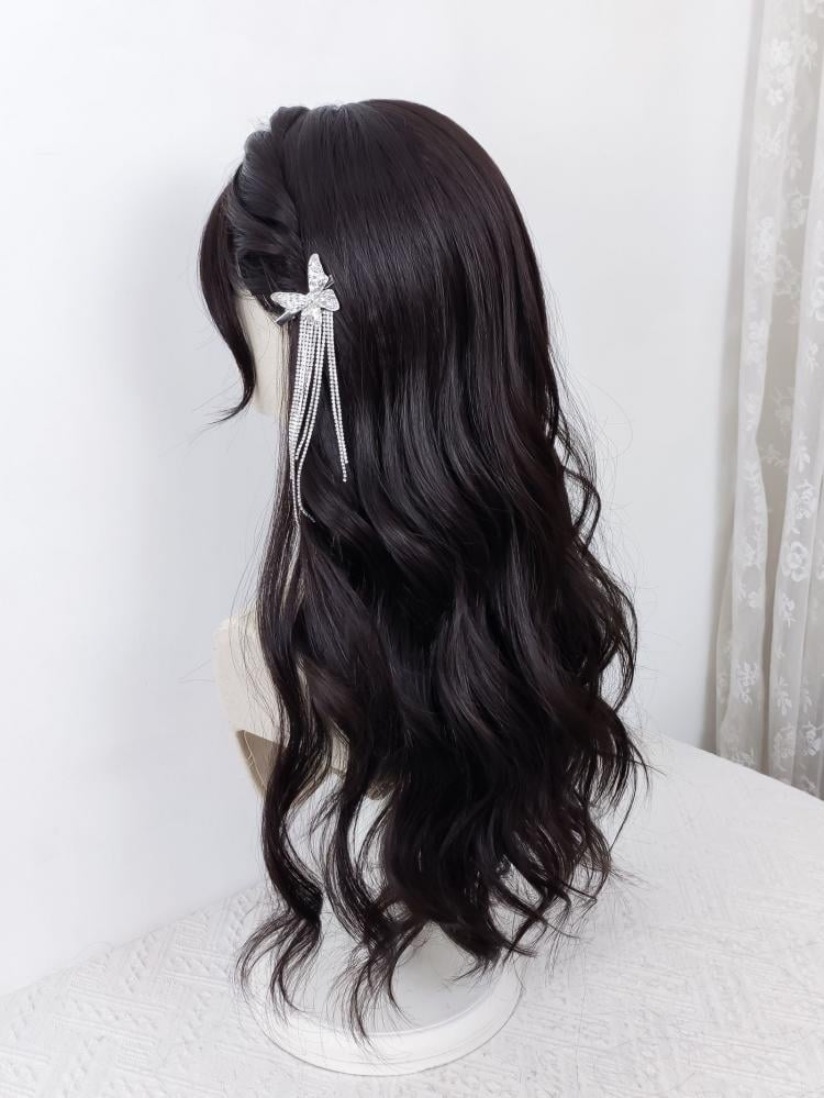 Dark Tea Curtain Bangs Long Wavy Synthetic Wig