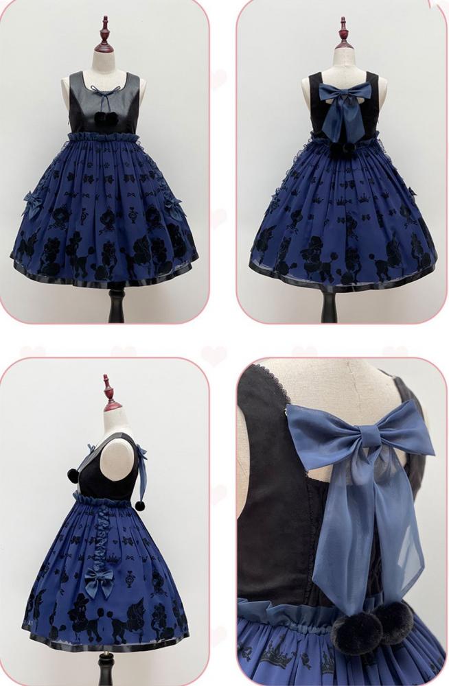 Dark Blue Cute Poodle Print Design Ruffle Trim Jumper Skirt