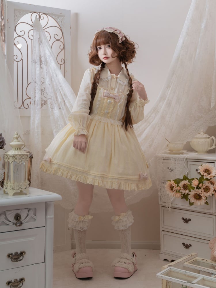 Bubble Cream Big Bow Ruffle Trim Overall Dress