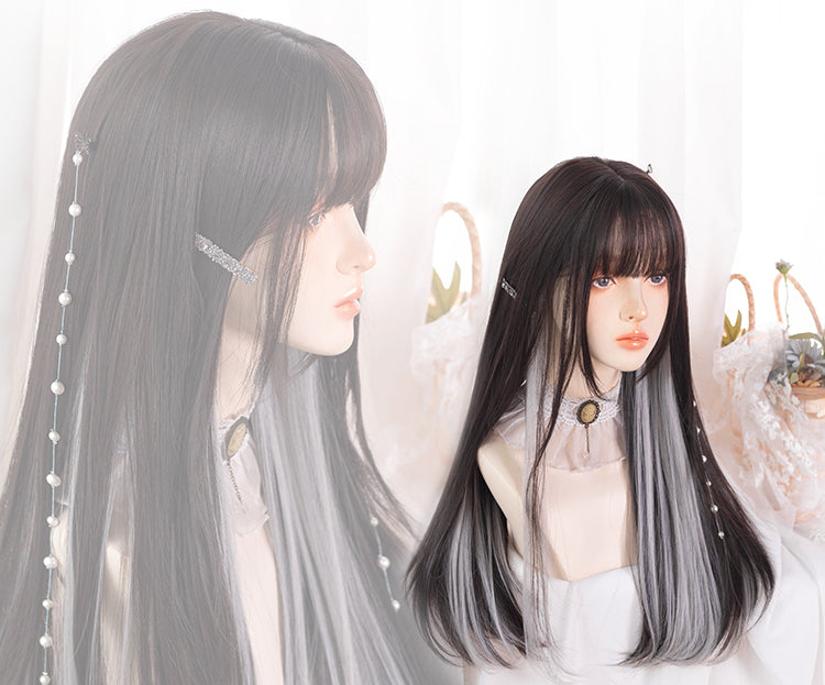 Silver Gray Highlights Long Straight Synthetic Wig