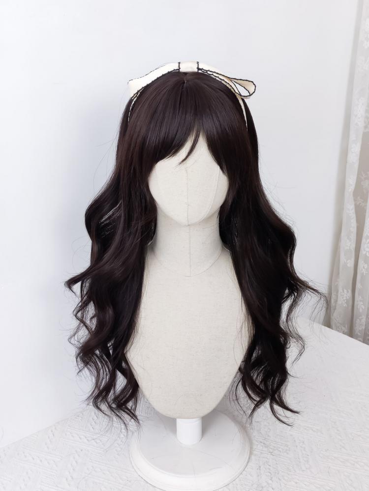 Dark Tea Curtain Bangs Long Wavy Synthetic Wig