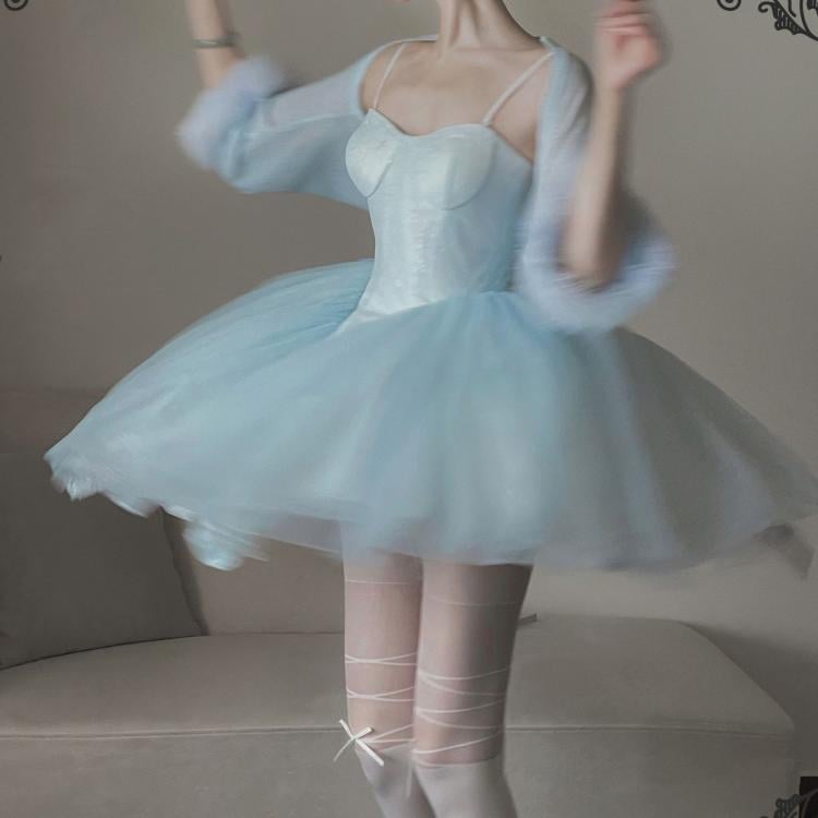 Baby Blue Balletcore Lace Bustier Dress+ Big Bow Train Set