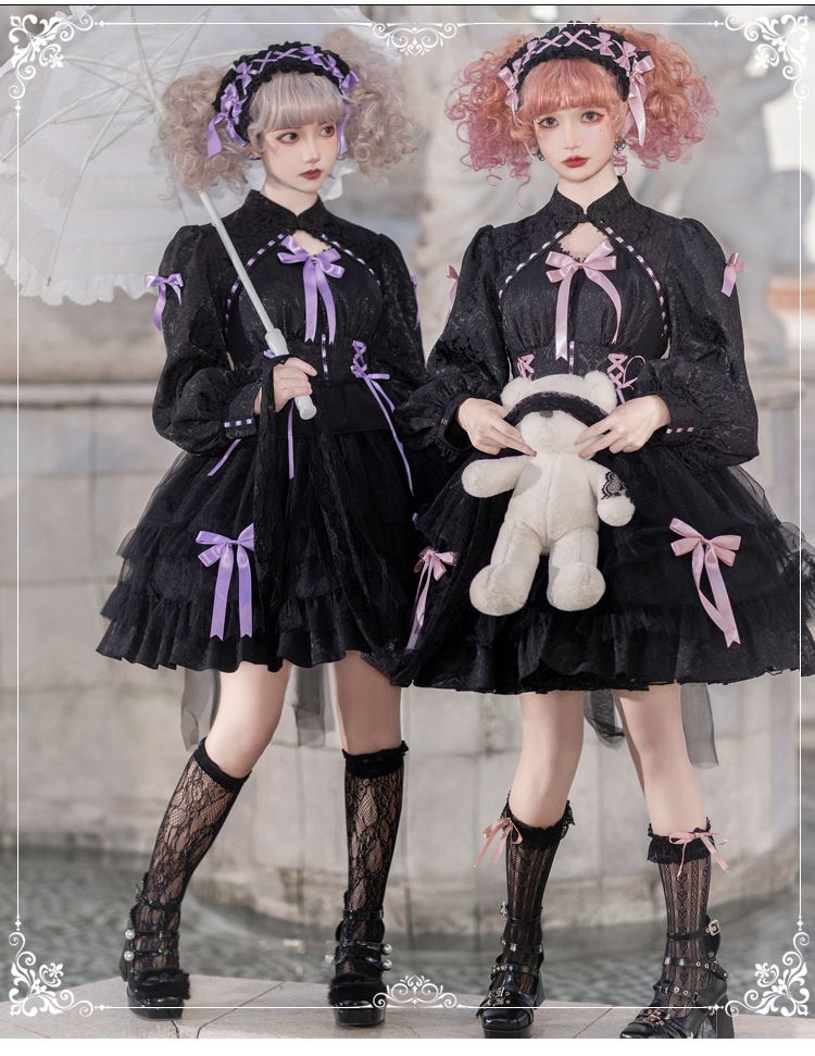 Black and Purple Love Song Big Bow Tiered Ruffles Long Sleeves Lolita OP