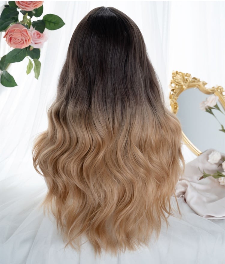 Clearance-Wavy Ombre Hair Color Dark Brown to Golden Synthetic Wig