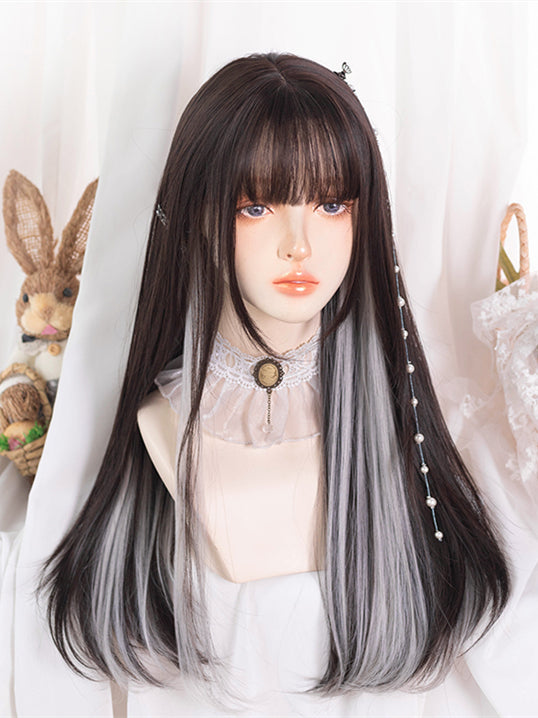 Silver Gray Highlights Long Straight Synthetic Wig