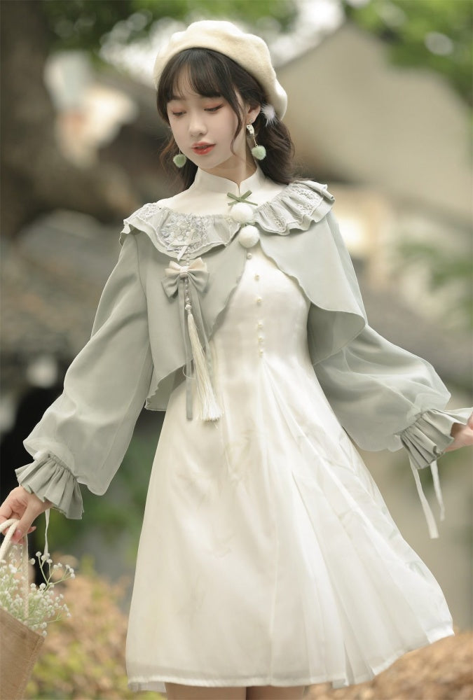 Bamboo Hidden Qi Lolita Banded Collar Short Sleeves Lolita OP+ Bolero Set