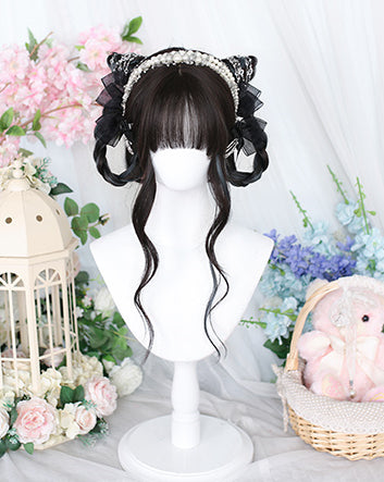 Wuxiao Wavy Highlight Hair Color Dark Brown-Dusty Blue Lolita Long Synthetic Wig