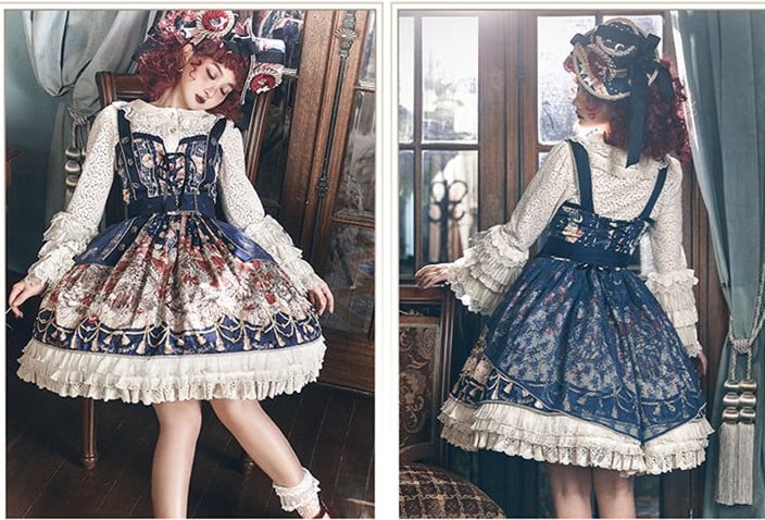 Dark Blue Fairy Tales Sweetheart Neckline Lace-up Detail Jumper Skirt