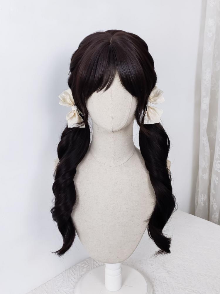 Dark Tea Curtain Bangs Long Wavy Synthetic Wig