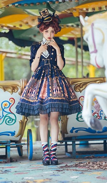 Dark Blue Nutcracker Fantasy Night Print Ruffle Trim Middle Sleeves One Piece