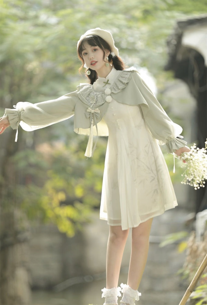 Bamboo Hidden Qi Lolita Banded Collar Short Sleeves Lolita OP+ Bolero Set