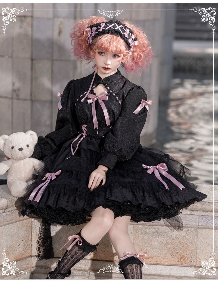 Black and Pink Love Song Big Bow Tiered Ruffles Long Sleeves One Piece