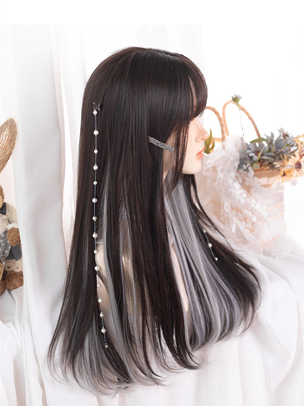 Silver Gray Highlights Long Straight Synthetic Wig