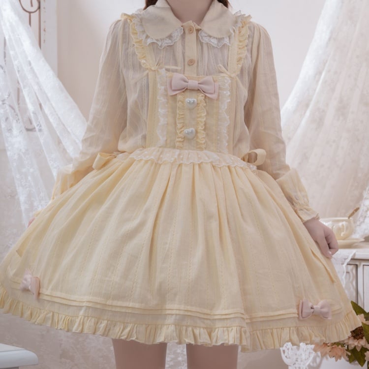 Bubble Cream Big Bow Ruffle Trim Overall Dress