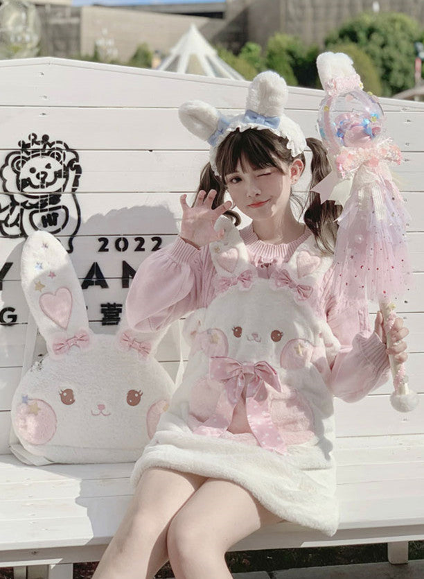 White Bunny Ears Plush Overall Dress Bowknot Details