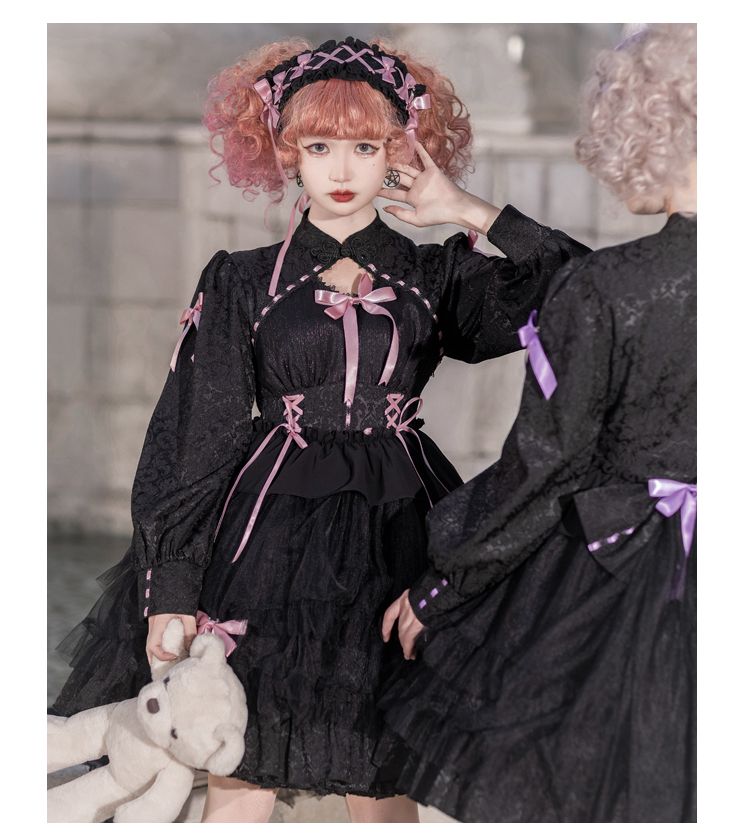 Black and Purple Love Song Big Bow Tiered Ruffles Long Sleeves Lolita OP