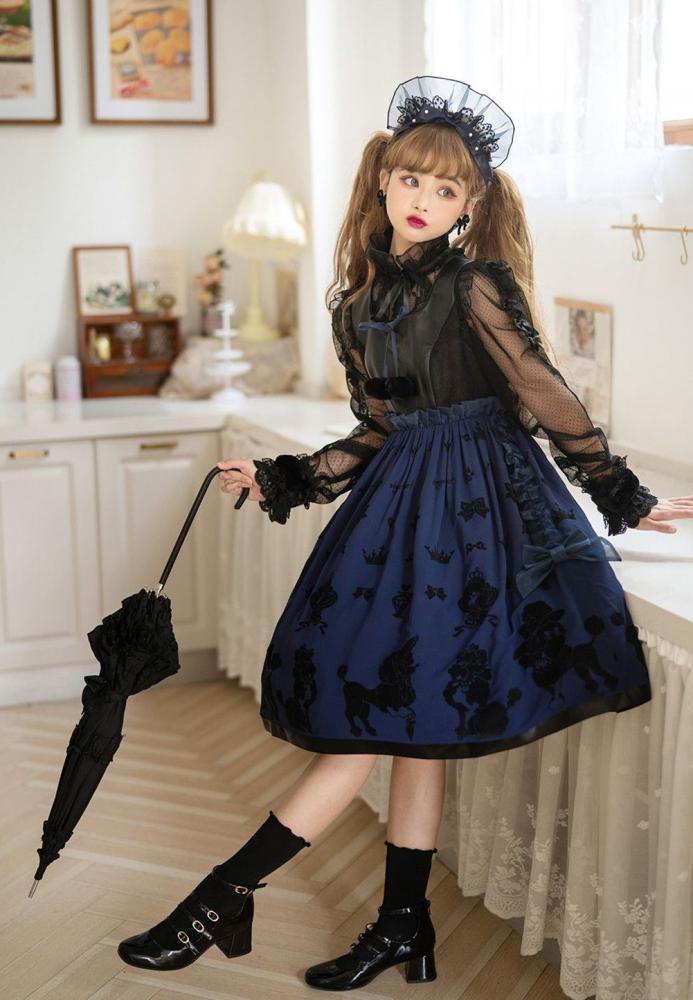 Dark Blue Cute Poodle Print Design Ruffle Trim Jumper Skirt