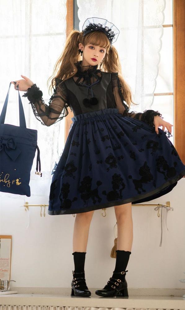 Dark Blue Cute Poodle Print Design Ruffle Trim Jumper Skirt