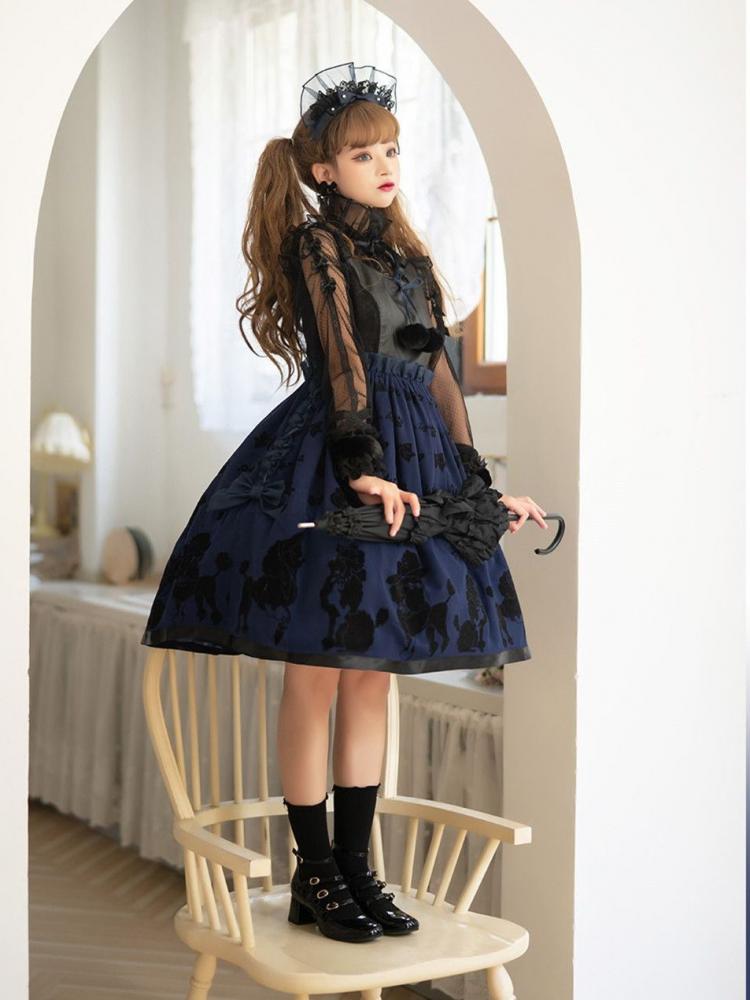 Dark Blue Cute Poodle Print Design Ruffle Trim Jumper Skirt