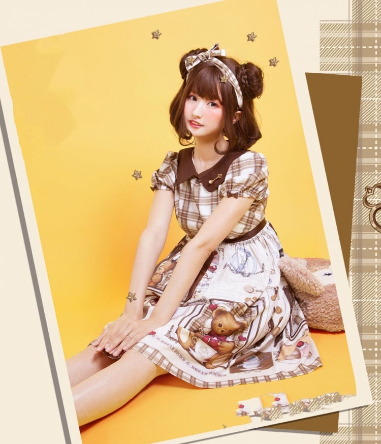 Bear's Tea Party Bear Print Plaid Pattern Short Sleeves Lolita OP