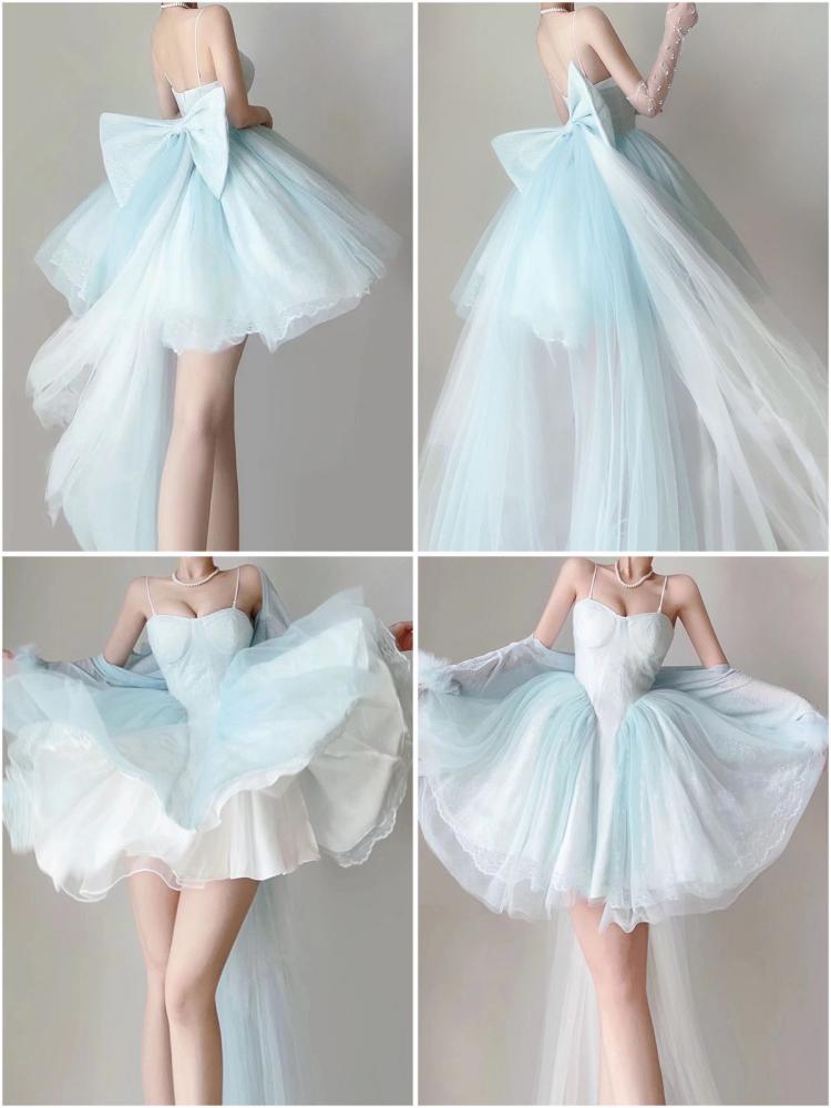 Baby Blue Balletcore Lace Bustier Dress+ Big Bow Train Set