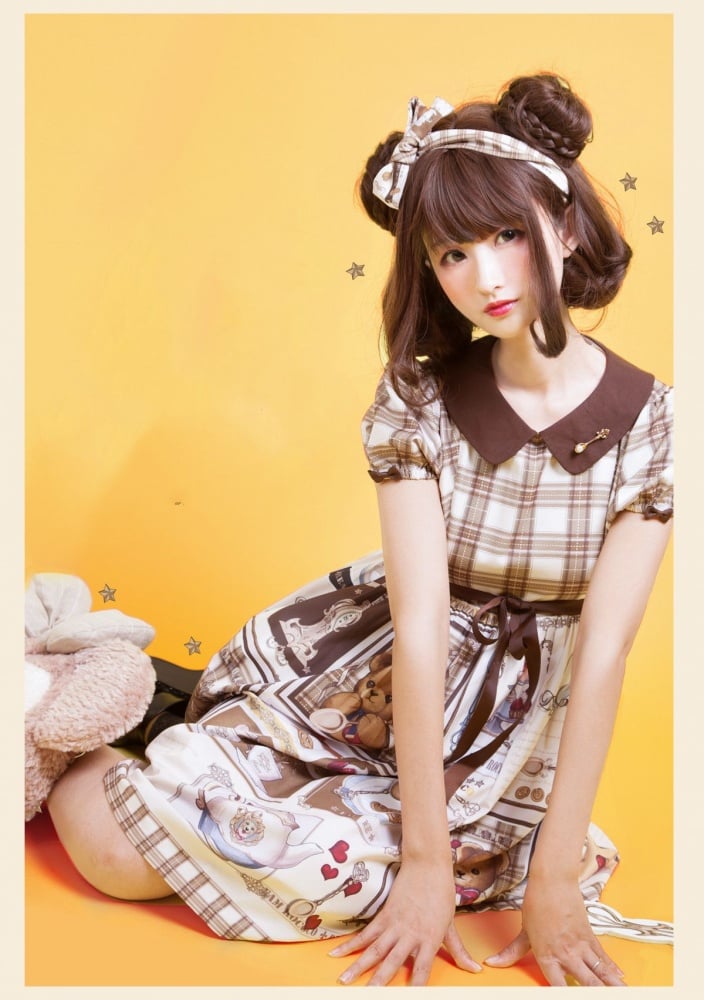 Bear's Tea Party Bear Print Plaid Pattern Short Sleeves Lolita OP