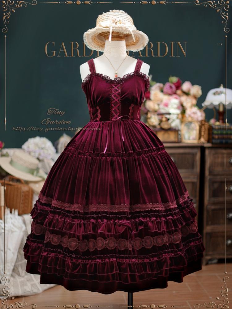 Dream Bouquet Color Wine Red Velvet Long Version Lace Ruffle Neckline Ruffle Hem Jumper Skirt