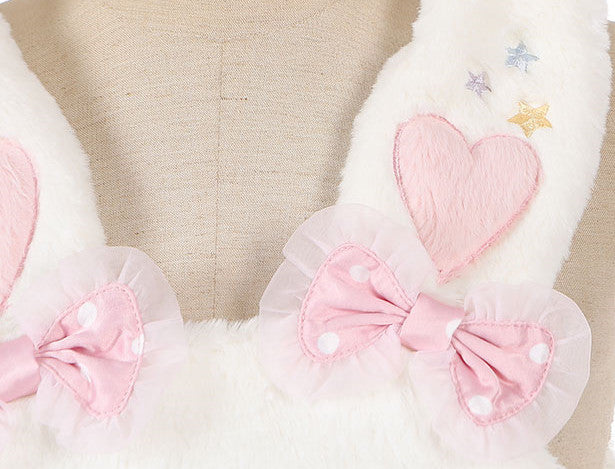 White Bunny Ears Plush Overall Dress Bowknot Details