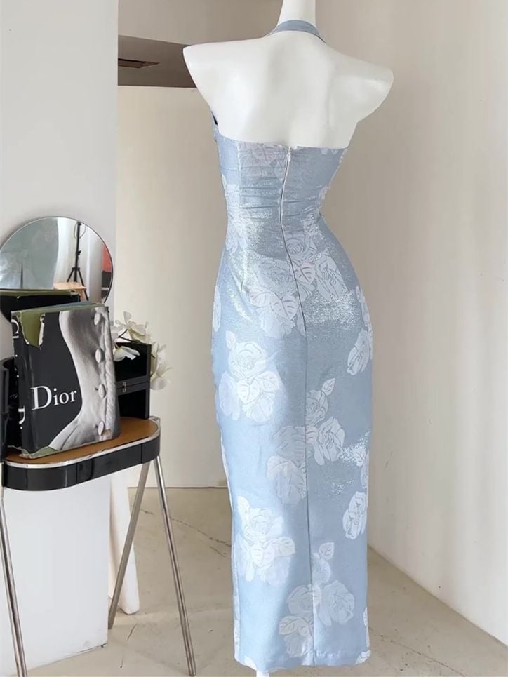 Blue Halter Neck Brocade Qipao with Rose Pattern