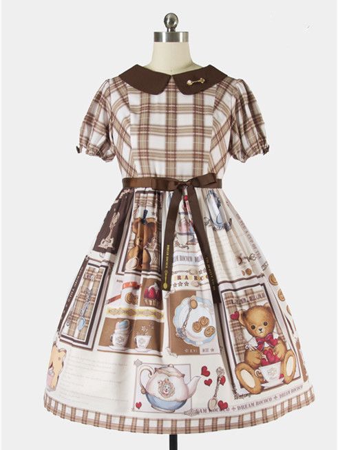 Bear's Tea Party Bear Print Plaid Pattern Short Sleeves Lolita OP