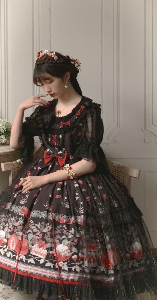 Black Strawberry Fruit Tea Print Design Jumper Skirt