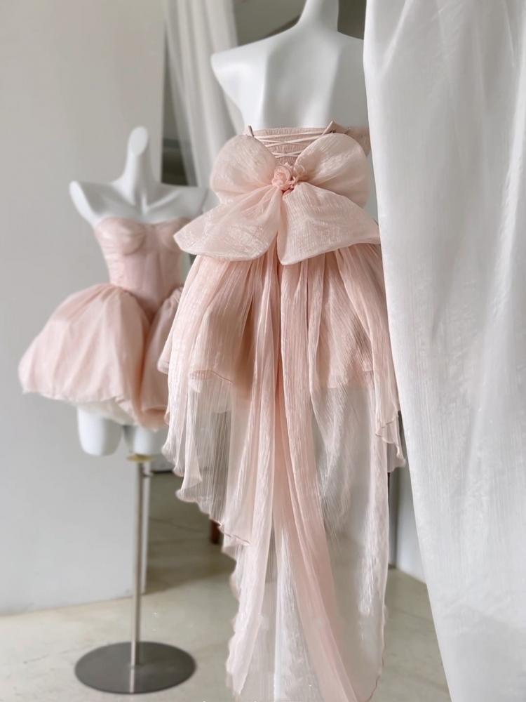 Pink Balletcore Puff Tube Dress Lace-up at Back