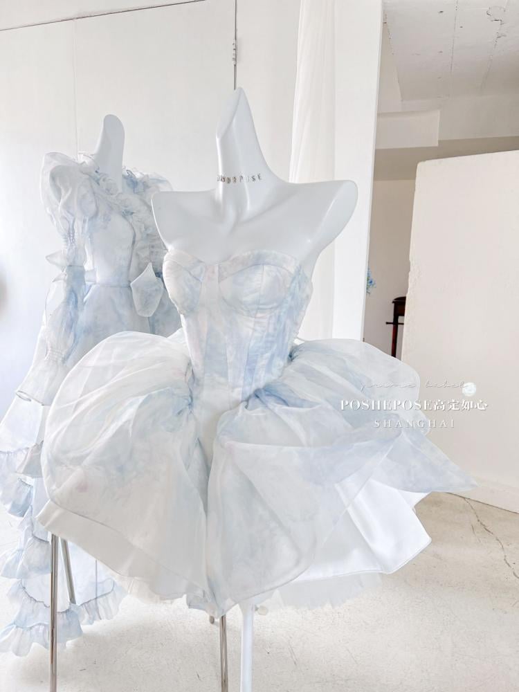 Blue and White Strapless Ballet Dress Flounce Hem Skirt