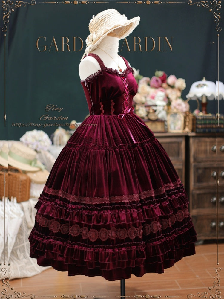 Dream Bouquet Color Wine Red Velvet Long Version Lace Ruffle Neckline Ruffle Hem Jumper Skirt