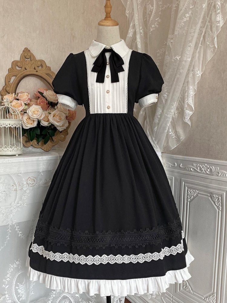 Black High Waist One Piece Maid Style Dress with Detachable Apron Short Sleeves Version