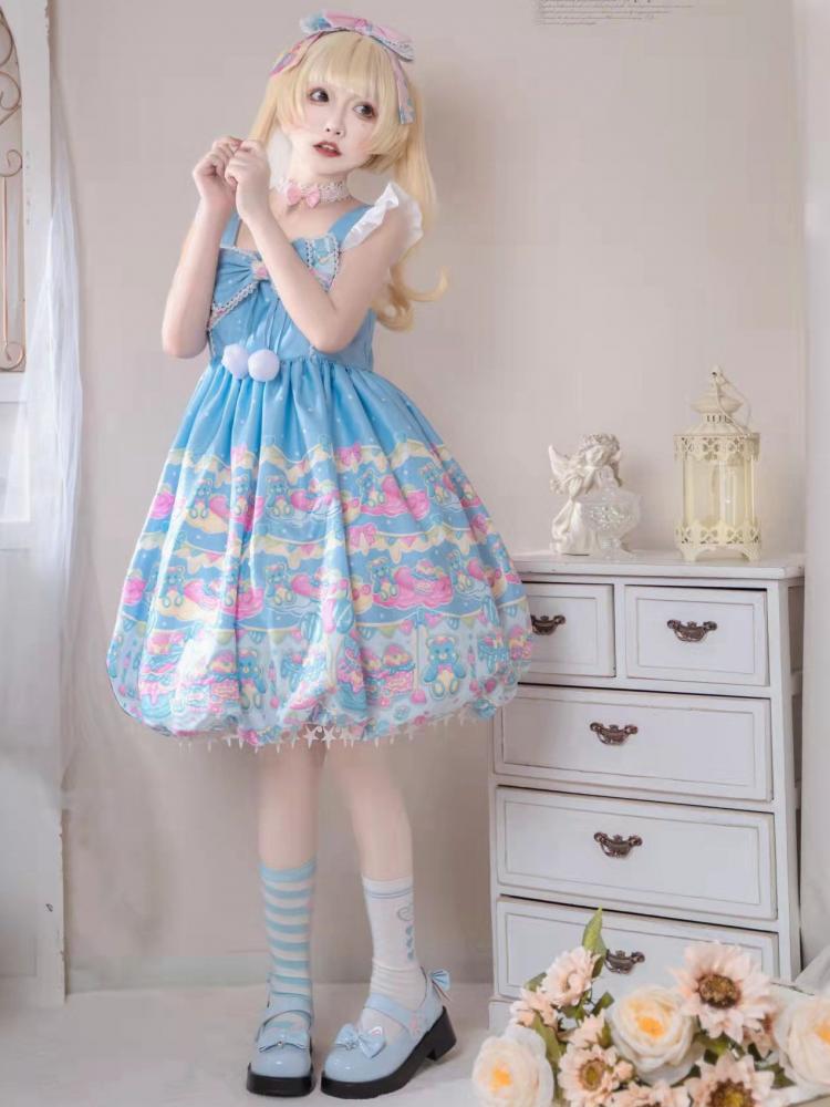 Bear and Dessert Print Stars Tassel Hem Bubble Skirt Lolita JSK