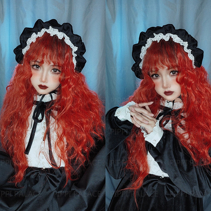 In Stock Long Wool Curly Black Red Ombre Wig