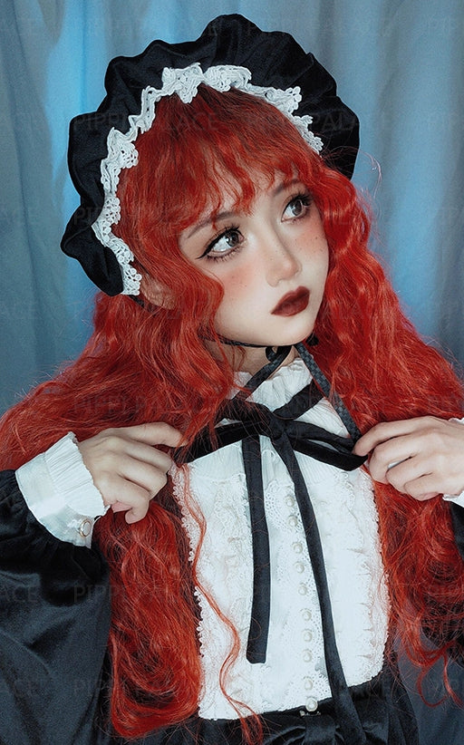 In Stock Long Wool Curly Black Red Ombre Wig