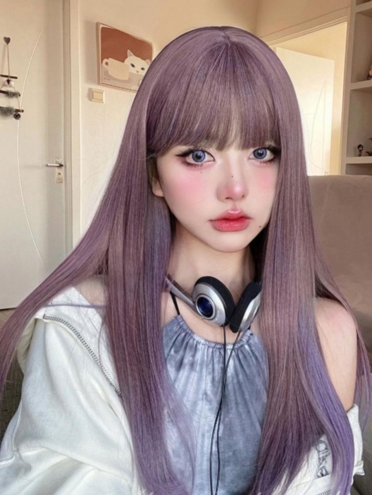 Purple Highlight Hair Color Medium Length Synthetic Straight Wig with Full Bangs