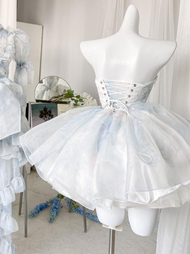 Blue and White Strapless Ballet Dress Flounce Hem Skirt