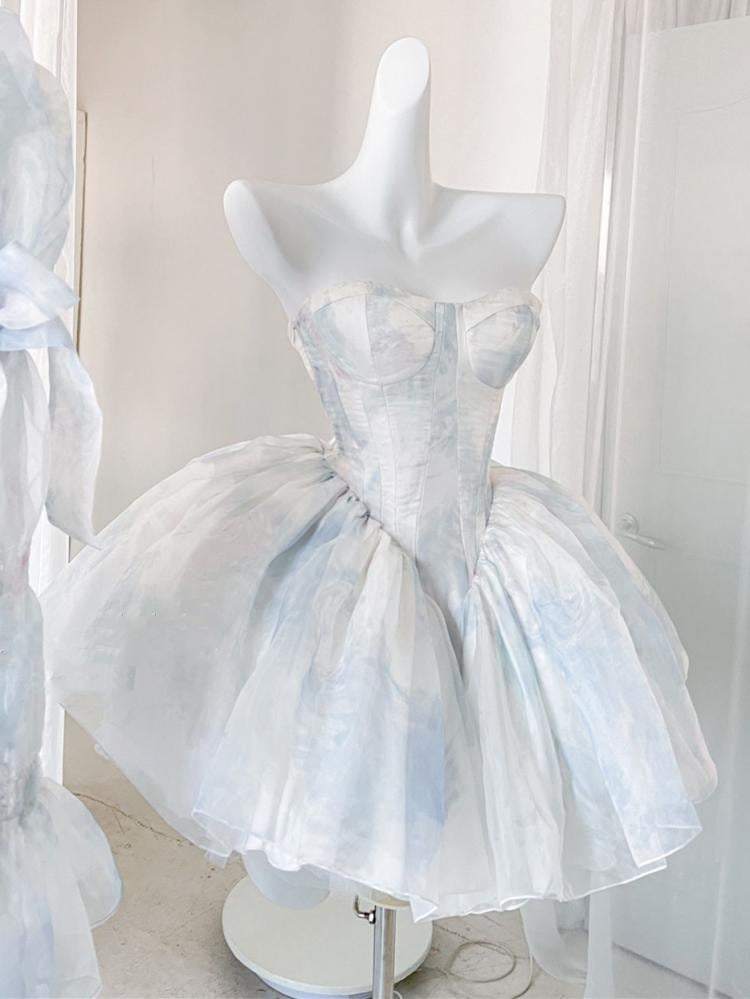 Blue and White Strapless Ballet Dress Flounce Hem Skirt