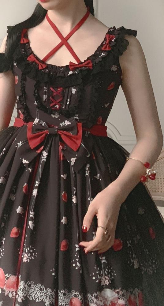 Black Strawberry Fruit Tea Print Design Jumper Skirt