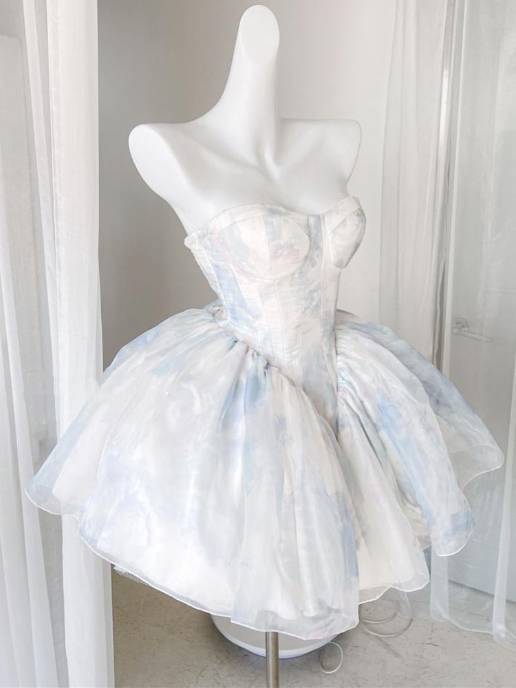 Blue and White Strapless Ballet Dress Flounce Hem Skirt