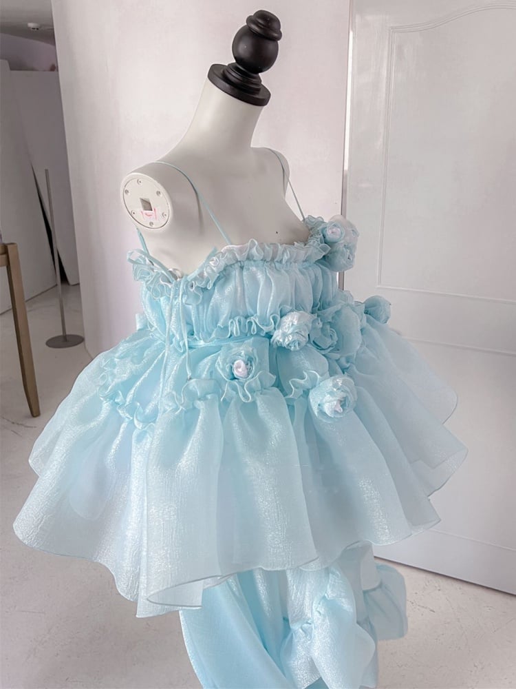 Handmade Flowers Details Light Blue Ruffles Puff Train Dress + Bloomers Set